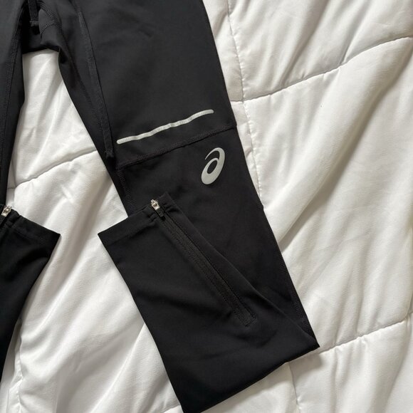 ASICS Running Tights Pants Mens Small Black Reflective Trim Zip Ankle Pocket - Picture 2 of 9